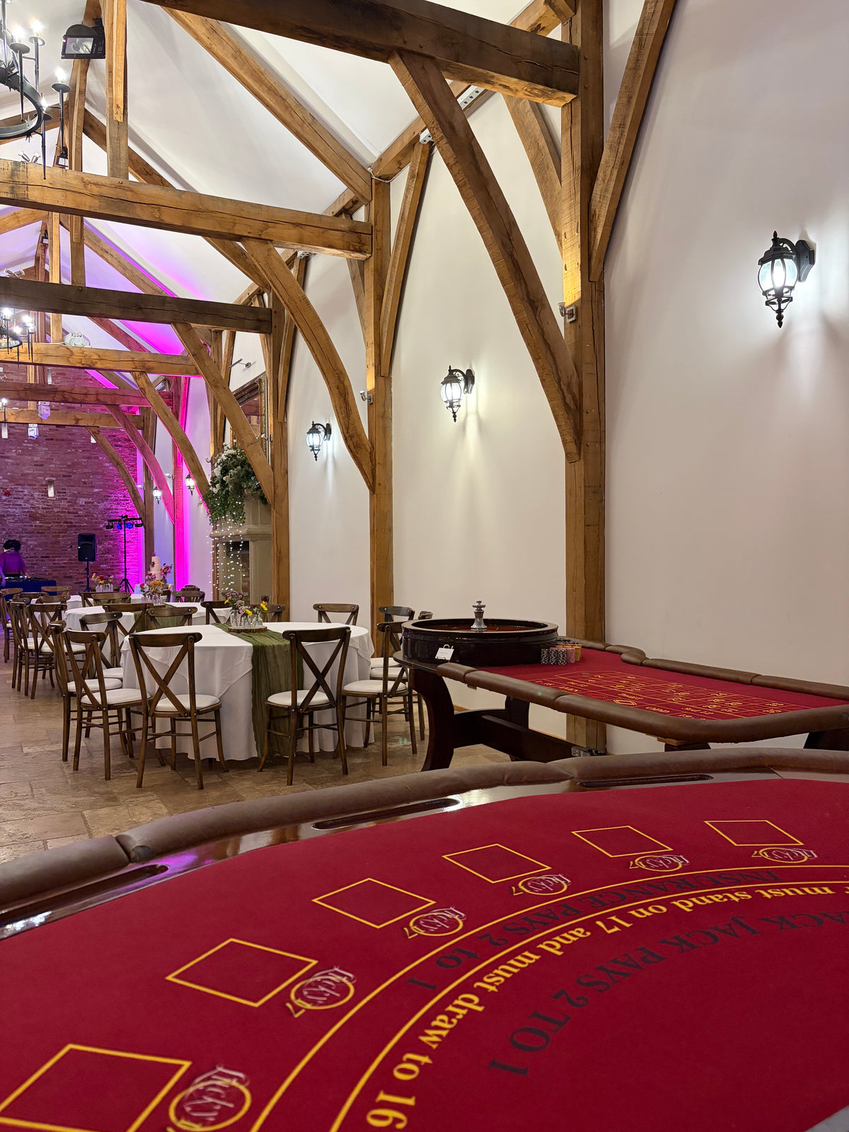 Full sized luxury roulette and blackjack table hire for a wedding reception at Swancar Farm Country House in Nottingham by Fun Casino 21
